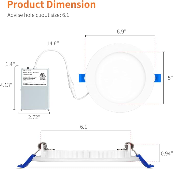 Meconard 6 Pack 6 Inch 5CCT LED Recessed Lighting with Night Light, 2700K/3000K/3500K/4000K/5000K Selectable Ultra-Thin LED Recessed Ceiling Lights, 12W=110W, 1050LM, Dimmable Canless Wafer Downlight - Image 5