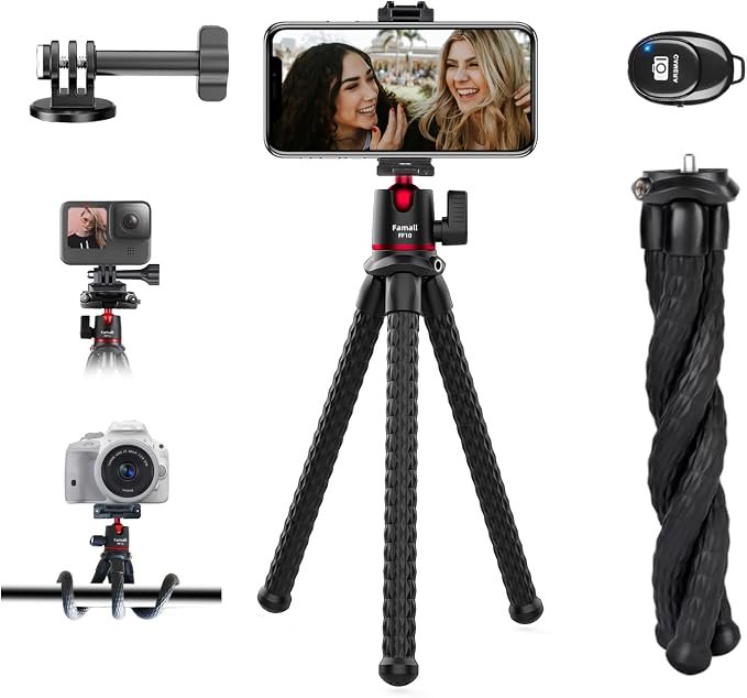 Mini Flexible Tripod with Remote for Phone & Camera | Flexible Octopus Legs, Bluetooth Remote, 1/4" Screw & Cold Shoe, Hidden Phone Holder, GoPro Adapter for Action Cam by Famall