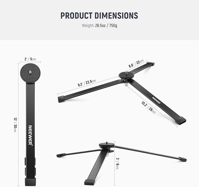 NEEWER Metal Mini Tripod Base for TL120C TL60 CL124 Tube Light Wand Stick, Extra Stable Foldable Handheld Tripod Legs Feet Tabletop Light Stand with 1/4" Screw, Silicone Pad, 3"/8cm Low Angle, CTN5 - Image 2