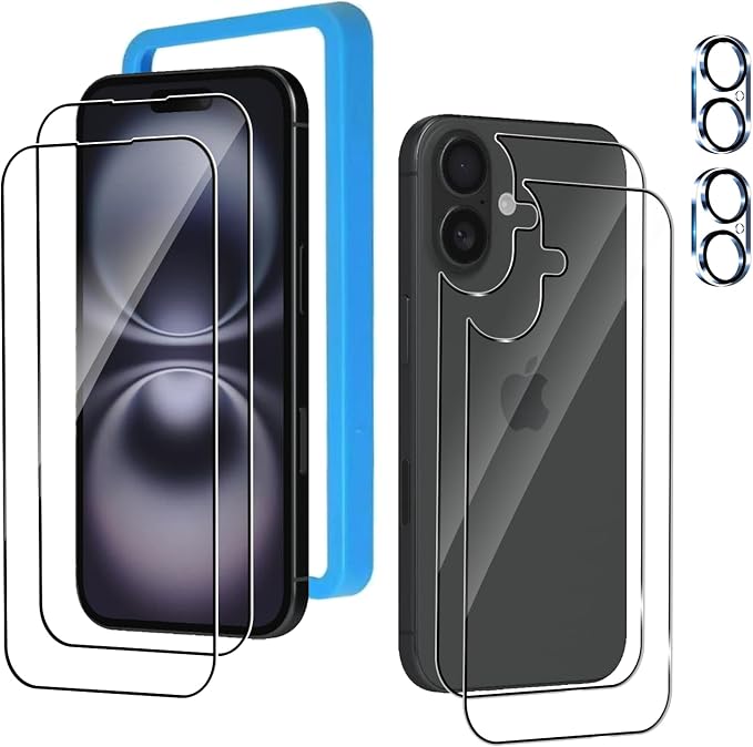 Front and Back Protector for iPhone 16 Plus + Camera Lens Protector | (2+2+2) 9H Hardness, Easy to Install with Alignment Tool,Case Friendly by BIGFLYANTS