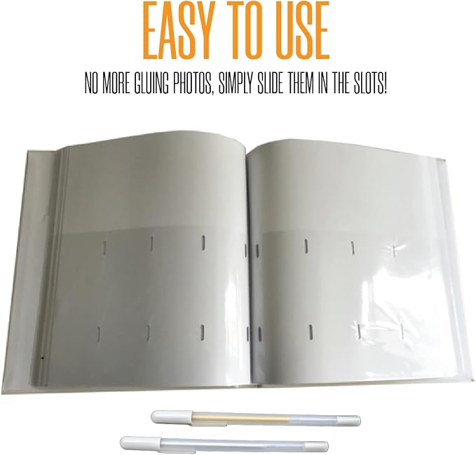 2x6 Photo Strip Album, White Cover White Pages, 2 Gel Pens | Leather-cover photo strip scrapbook journal holds 2x6 photos. Album guest book for weddings, graduations, anniversaries. - Image 7