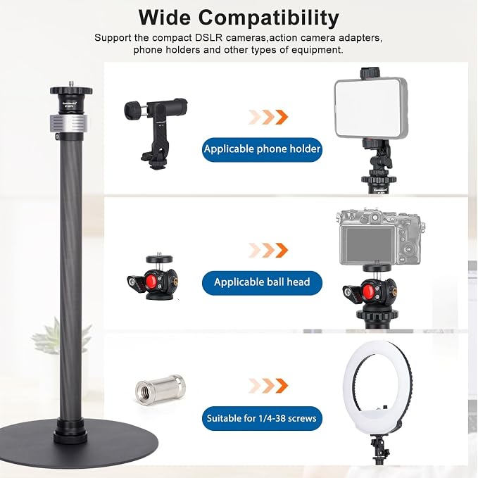 Koolehaoda Webcam Stand, Carbon Fiber Desk Tripod Stand,Round Base Monopod | with 360° Rotatable Ballhead for DSLR Camera Ring Light Webcam for Video Recording,Live Streaming Vlogging - Image 4