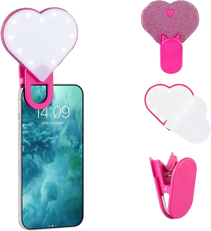 Riki Sweetheart Clip-On LED Makeup Mirror and Selfie Light, Rechargeable with Long-Lasting Battery, CRI 95+ for Phone, Laptop, and iPad, Film for TikTok, Instagram (Hot Pink Sparkle) by RIKILOVESRIKI
