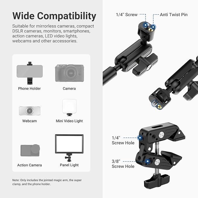 NEEWER Basics Magic Arm Table Stand, 55 cm Microphone Arm Overhead Mobile Phone Holder Desk with 1/4" 3/8" Threads for ARRI, for DSLR Action Cam Webcam Mic LED Light for Video Reinforcement, UA061 - Image 5