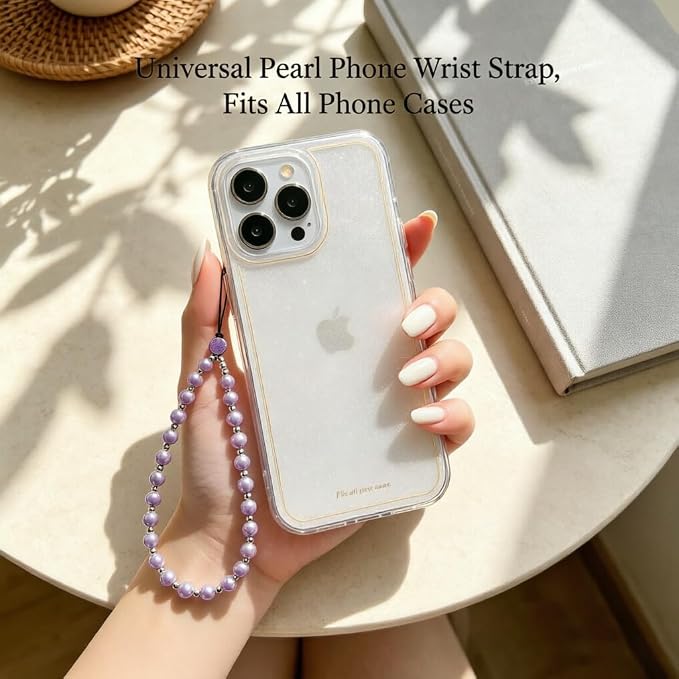2 Pcs Phone Charm Beaded Strap Cute Cell Phone Wrist Straps String Accessories Hand Aesthetic Lanyard Wristlet Chain for iPhone 17 Pro 16 Camera AirPods Bags Keychains Women Girls Pearl Gold and Puple - Image 6