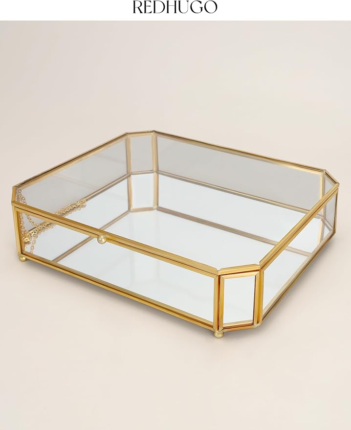REDHUGO Large Glass Boxes for Display Handmade, Octagon, Gold | Handmade Glass Jewelry Box with Mirrored Bottom and Lid, Ideal for Trinkets, Photos, Keepsakes and Vanity Decor - Image 5