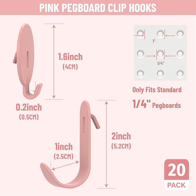 HUHOLE 20PC Pink Pegboard Clip Hooks for Thin Metal 1/4 Inch Pegboard | Picture Hangers with 10 lb Capacity, 10 Round and 10 Angled Peg Hooks for Jewelry, Crafts and Small Accessories - Image 3