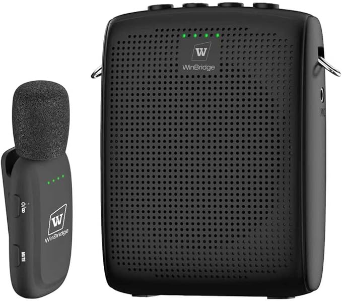 WinBridge Wireless Voice Amplifier with Clip-On Lapel Mic for Teachers | 15W Portable PA System with Bluetooth, 12H+ Battery, Auto-Pairing , Instant Mute, Ultra-Light Lavalier Microphone WB005 by WWINBRIDGE