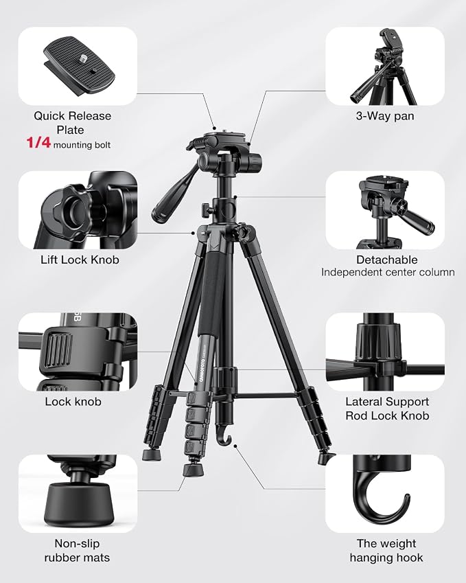CAMBOFOTO 73" Camera Tripod and Monopod with Horizontal Central Axis | Aluminum Tripod with Sandbag/Phone Holder/Travel Bag, for DSLR/Camcorder/GoPro - Image 5