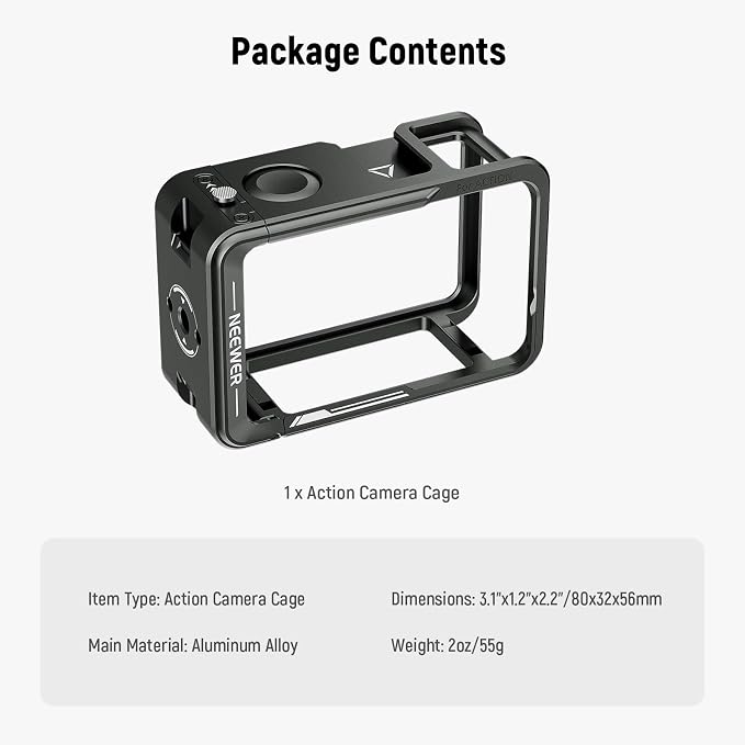 NEEWER Action Camera Cage for Osmo Action 5 Pro / 4/3, Protective Metal Video Rig with Cold Shoe, 1/4" Thread, Shutter Button Compatible with DJI Mic Magnetic Adapter Mount Accessories, AC014 Black - Image 7