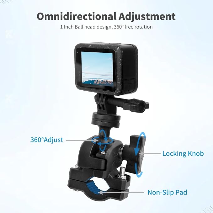 Bike Motorcycle Camera Mount Bundle Kit, 1/4 Screw & Tripod Mount Adapter, 360°Rotating Ball Head Base -Ballhead Arm Super Mounting Clamp for Most Action Camera, Clamp(0.86"-1.26“) 75016 - Image 4