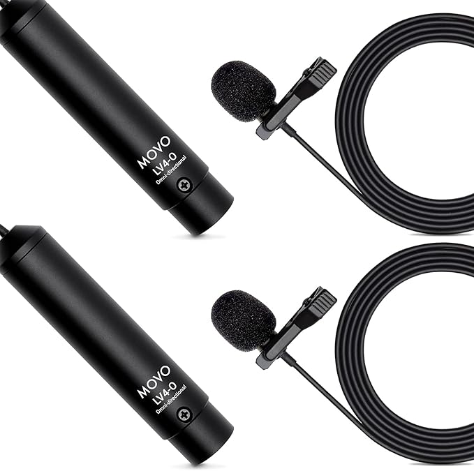 Movo LV4-O2 XLR Phantom Power Omnidirectional Lavalier Microphone Set, with Lapel Mic Clips and Windscreens - Perfect Lapel Microphone for Video Recording, Podcast, Interview, YouTube Production by Movo