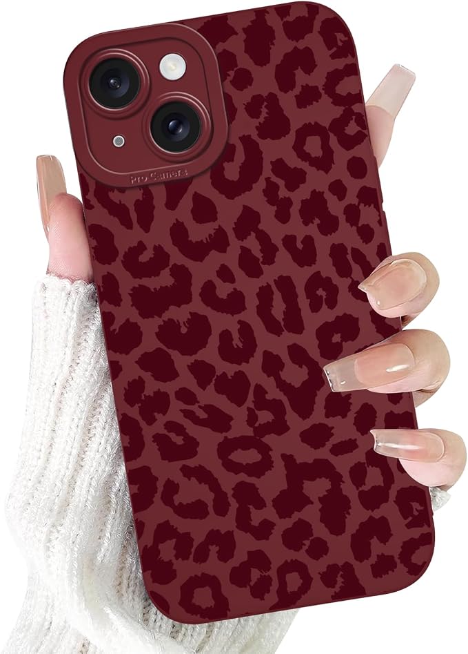 Cute Burgundy Cheetah Print Phone Case for iPhone 15 6.1" | Aesthetic Leopard Pattern Design Cover Full Camera Lens Protective Shockproof Soft Slim TPU Funda for Women Girls by Unknown