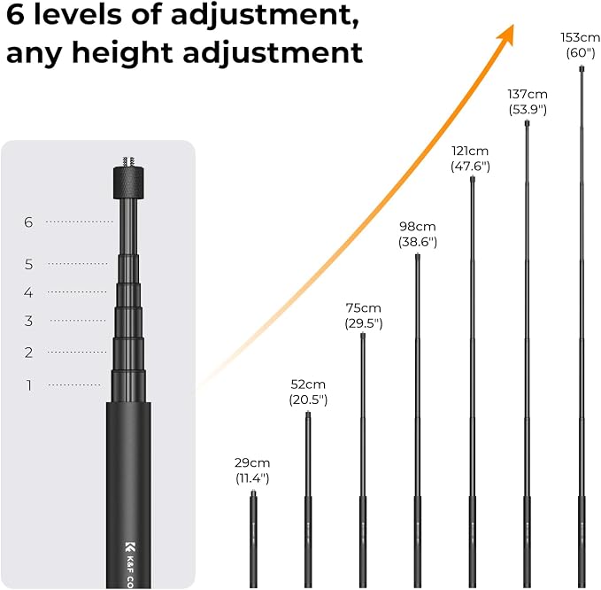 K&F CONCEPT 60 Inch Invisible Selfie Stick | Extension Pole Compatible with Insta360 Sports Camera, GoPro, DJI OSMO Pocket 3, 1/4" Extended Monopod Pole - MS07 - Image 3