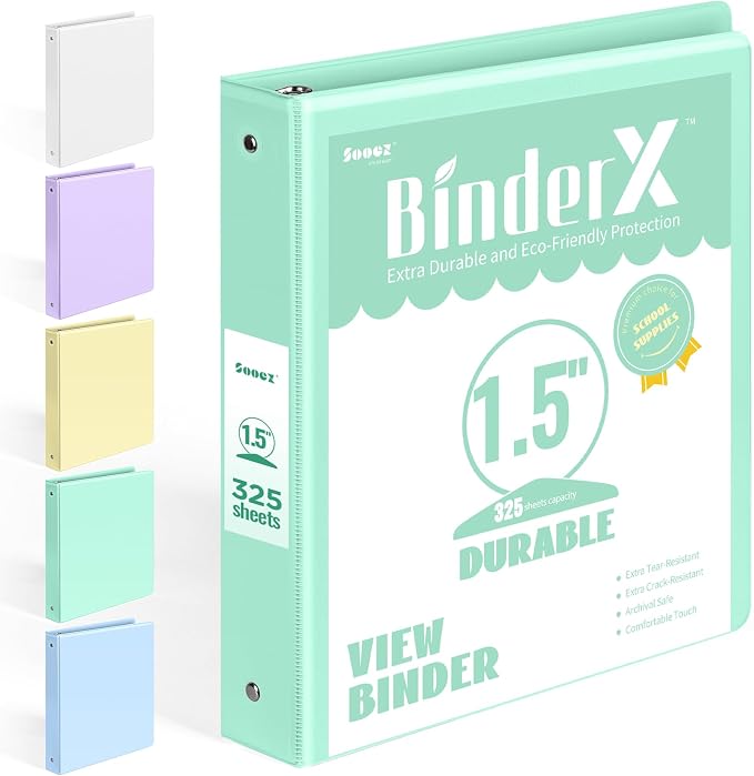 BinderX 3 Ring Binder 1.5 Inch, 1.5" Clear View Binder, Light Green, Letter | Extra Durable, PVC-Free, Customizable, Interior Pockets, 325-Sheet Capacity, Eco-Friendly, Reinforced Hinge, School, Office by Sooez