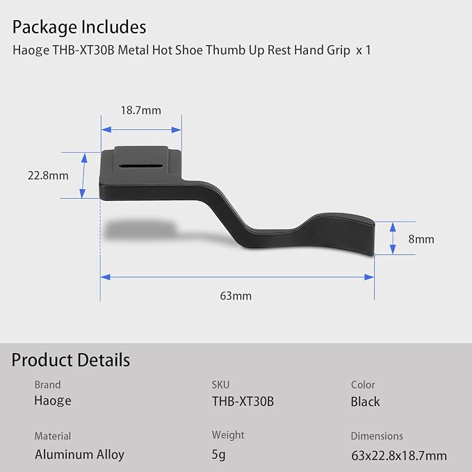 Haoge THB-XT30B Metal Hot Shoe Thumb Up Rest Hand Grip for Fujifilm XT50 XT30III Fuji X-T10 X-T20 X-T30 XT10 XT20 XT30 II III Camera Black - Image 8
