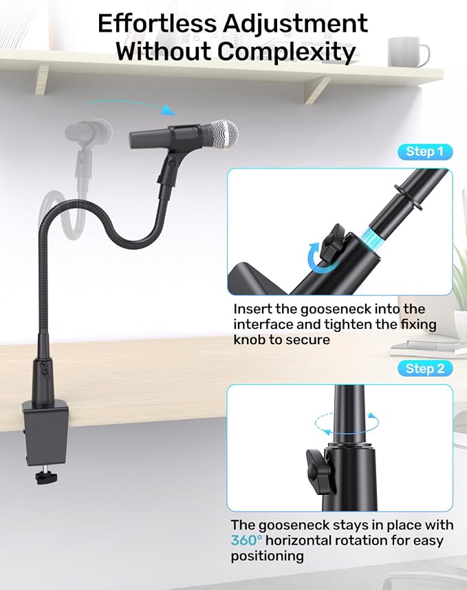 19-in Gooseneck Mic Stand with Desk Clamp, 3/8 & 1/4 Adapters, 360° Swivel | Upgraded Clamp, Heavy Duty & Flexible Arm for Podium, Pulpit, Lecture, Podcast, Sturdy Clamp, Universal Fit for Most Mics - Image 6