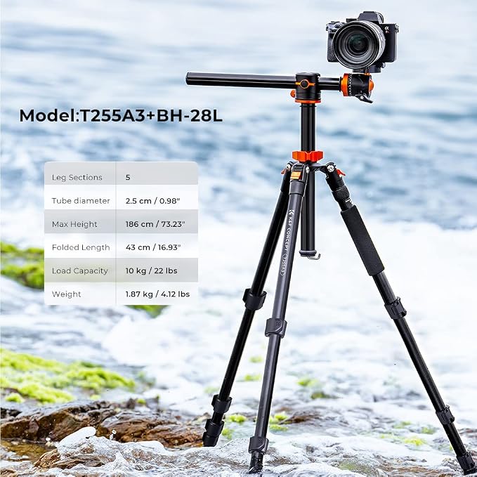K&F CONCEPT 73 inch /186cm Camera Tripod,Transverse Center Column Aluminium DSLR Tripod with 360 Degree Ball Head 10kg Load Capacity,Quick Release Plate,Detachable Monopod T255A3+BH-28L - Image 2