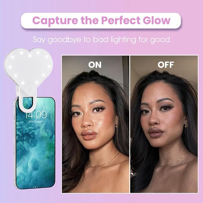 Riki Sweetheart Clip-On LED Makeup Mirror and Selfie Light, Rechargeable with Long-Lasting Battery, CRI 95+ for Phone, Laptop, and iPad, Film for TikTok, Instagram (White Sparkle) - Image 2