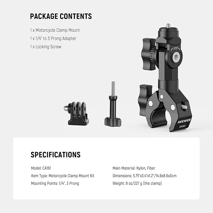 NEEWER Motorcycle Bike Handlebar Clamp Action Camera Mount, CA161 | Heavy Duty Clip Holder, 1/4" Screw, 3 Prong Adapter, Compatible with Insta 360 X5 X4 Hero 13 12, POV Video Recording, CA161 - Image 7