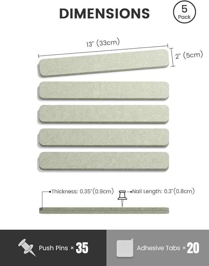 Fluxynara 13" x 2" Felt Wall Panels, Sage | 5-Pack Includes 35 Push Pins and Adhesive Tabs for Photos, Notes and Decor in Bedroom Doors, Home Office or Studios - Image 2