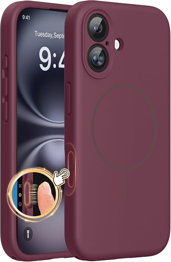 Miracase Silicone & Magnetic for iPhone 16 Case, Wine Red | Compatible with MagSafe, Anti-Scratch Microfiber Lining, Liquid Silicone Case Shockproof Drop Protection Phone Case for 16 by Miracase