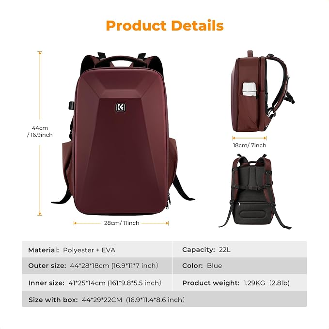 K&F CONCEPT Camera Backpack,Hardshell Photography DSLR Camera Bag | 15-15.6 Inch Laptop Compartment, Waterproof, Hard Shell Camera Case, Compatible with Canon/Nikon/Sony/DJI Mavic Drone, B07 - Image 7