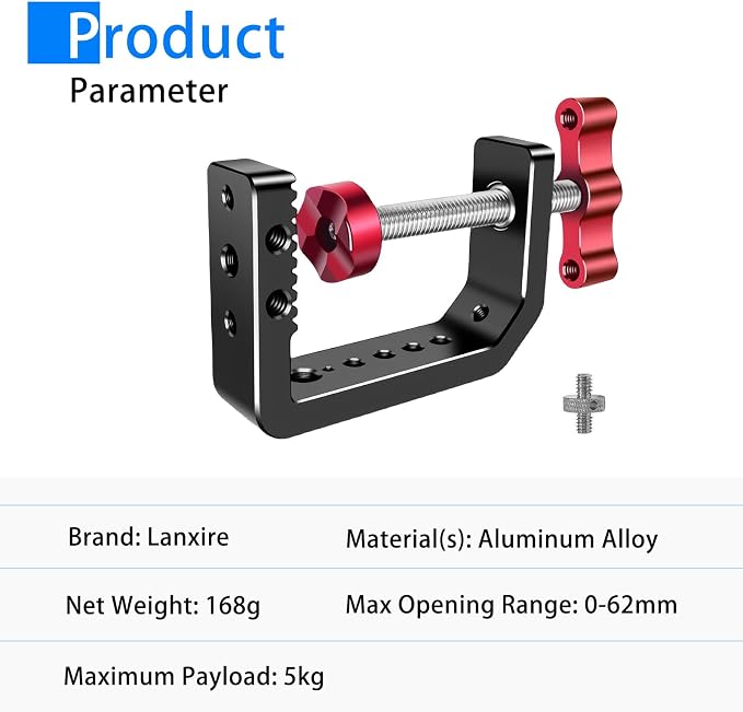 C Clamp Camera Clamp Mount with 1/4" and 3/8" Threaded Holes - 2.44 Inch Jaw Opening - Max Load 12lb/5kg - Image 9
