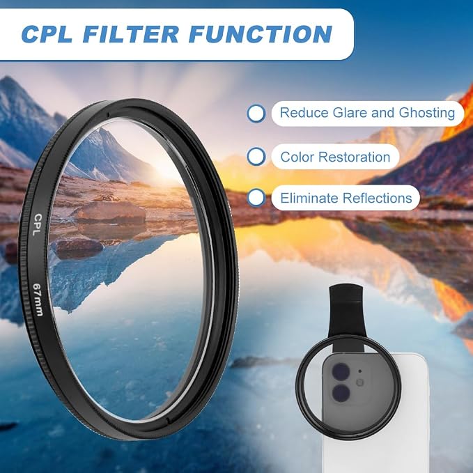 67MM Circular Universal Portable Polarizer Camera Len CPL Filter Professional Polarizing Lens for Smartphones,Camera Lens Accessories | 67mm circular polarizing filter, reduces glare and reflections, enhances color saturation for smartphone and camera - Image 5