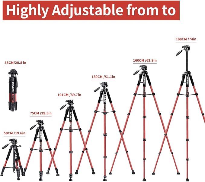 Camera Tripod, 74" Tripod for Camera Stand, Heavy Duty Tripod with Travel Bag for Projectors, Lasers, DSLR, Webcam, Aluminum Phone Tripod for Video Recording Photo Vlogging(Red) - Image 5