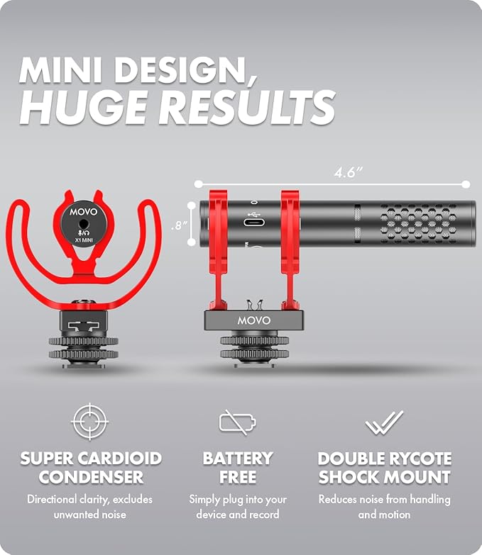 Movo X1-Mini Video Shotgun Mic for Camera - Supercardioid 3.5mm/USB-C Analog/Digital Camera Microphone for DSLR, iPhone and Android Smartphones, Computers - Compatible with Canon EOS, Nikon, Sony - Image 2