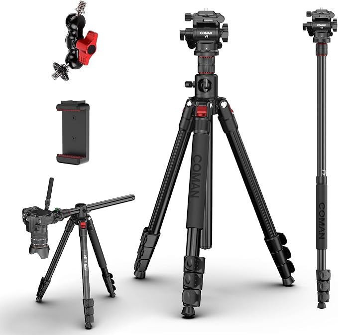 72" Overhead Camera Tripod with Fluid Head,Horizontal Tripod for Top-Down Product & Food Photography,Detachable Monopod&Invertible Center Column,Aluminum Tripod for DSLR Camcorder Spotting Scope by COMAN