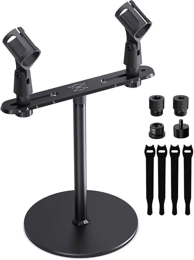 Stereo Array Spacing Mic Stand, Weighted Base & Adjustable Bar for XY/ORTF | Adjustable Positioning Bar with Ruled Markings, Stable Tabletop Mic Stand, Dual Mic Mount Holder for XY/ORTF Studio Recording by EtourAudio