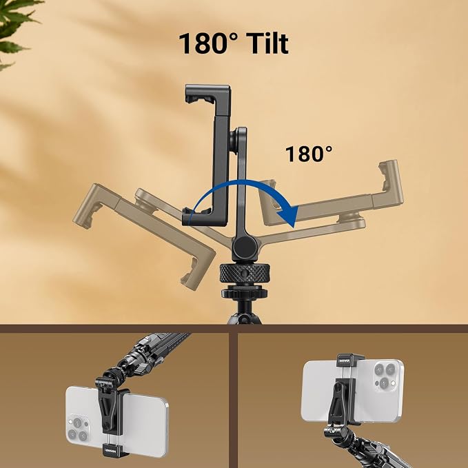 NEEWER GA010 Phone Tripod Mount, 65–90mm Adjustable Phone Clamp Holder with 1/4" Thread, 180° Tilt, 360° Swivel, Cold Shoe Accessories Compatible with iPhone 17 Pro Max Samsung S26 Ultra & More - Image 5