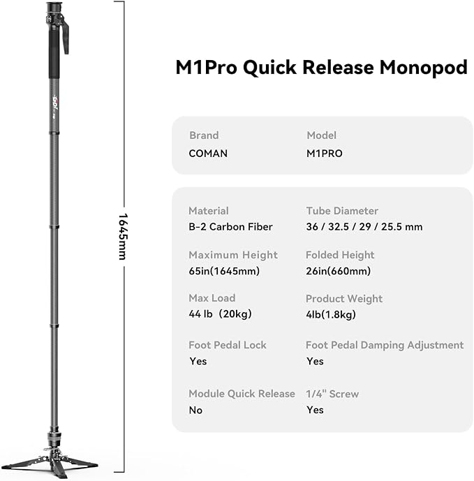M1pro 65" Carbon Fiber Monopod for Camera, One-Click Lifting Quick Release Monopod with feet, Compact for Travel, Max Load 44lbs / 20kg for Camera, DSLR, Camcorder - Image 8