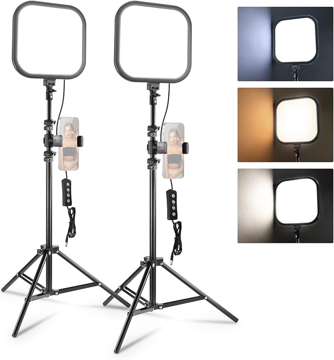 NEEWER Basics 2 Pack 15W 10.8" LED Video Light Panel Lighting Kit with 63" Tripod Stands, Edge Lit Bi Color Dimmable Studio Light 816lux CRI95+ for Photography Filming Recording Streaming, L220 by Neewer