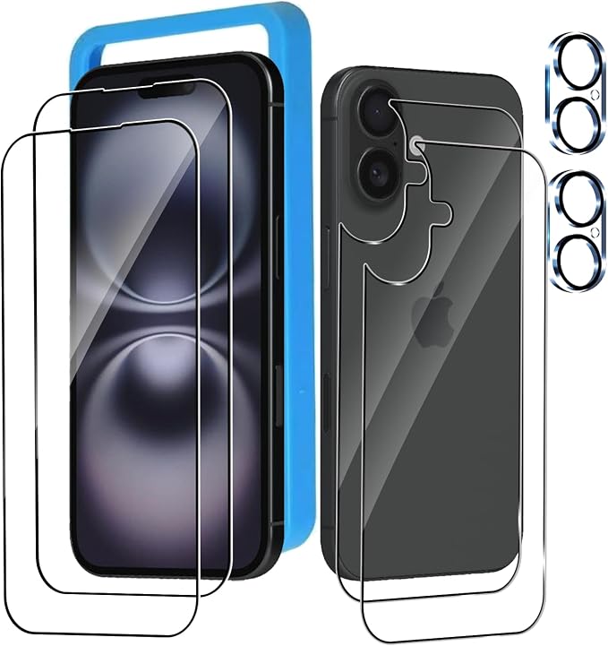 Front and Back Protector for iPhone 16 + Camera Lens Protector | (2+2+2) 9H Hardness, Easy to Install with Alignment Tool,Case Friendly by BIGFLYANTS
