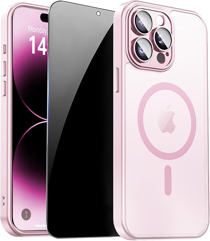for iPhone 14 Pro Case with Privacy Screen Protector, Pink | Full Camera Protection, Translucent Matte Magnetic, Compatible with MagSafe, Shockproof Phone Cover, Slim Fit Women/Girls by ZOZDOKG