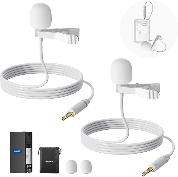 NEEWER 2 Pack Lavalier Lapel Microphone Compatible with Rode Wireless GO II 2 DJI Wireless Mic Transmitter, Omnidirectional Condenser Wired Clip On Lav Mic for Stage YouTube Live Streaming, CM5, White by Neewer