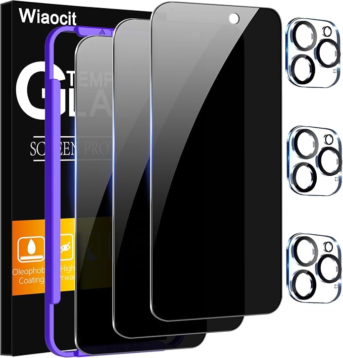 Wiaocit Tempered Glass Privacy Screen Protector for iPhone 16 Pro | 3+3 Pack, 9H Hardness, Camera Lens Protector, Installation Frame, Bubble Free, Case Friendly by Wiaocit