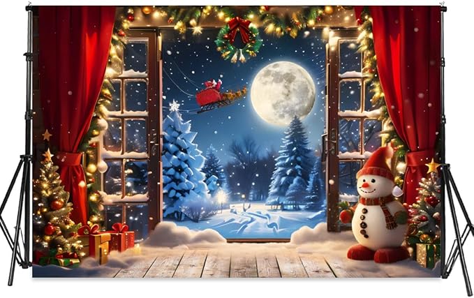 Christmas Backdrop 10x6.5ft Winter Full Moon Snow Pine Trees Forest Santa Claus Background Snowman Xmas Tree Party Decors Photo Booth Props - Image 7