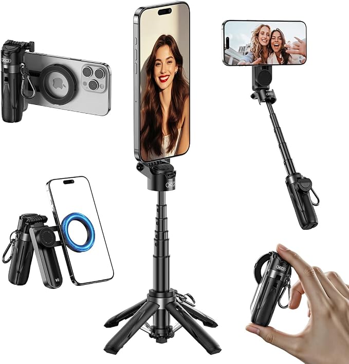 Multifunctional Mini Phone Tripod for Magsafe, Magnetic Chuck＆ Clip Pocket Size Magnetic Selfie Stick for iPhone with Remote, Extendable Cell Phone Small Tripod Magnet Stand for All Smartphones by XOSimpleisBeauty
