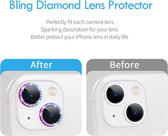 for iPhone 13/13 Mini Camera Lens Protector Bling Diamond, Colorful | Individual Metal, 9H Hardness, Scratch Resistant, Shockproof, Drop Protection, Case Friendly, Stylish Accessories - Image 3