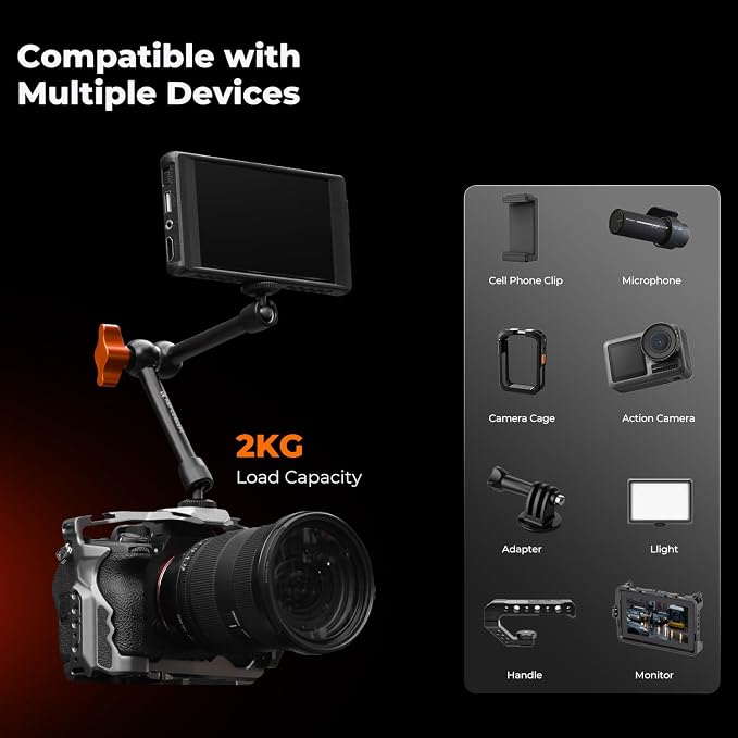 K&F CONCEPT 2-Pack 9.8" Magic Arm, 1/4" Screw Camera Mount Arm | 360° Ball Heads for DSLRs, Monitor, Flash, LED Light, Microphone, Camera Cage, Action Camera, MS32 - Image 4