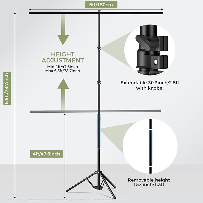 Emart 5x6.5ft Green Screen Backdrop Kit with T-Shape Stand and 6 Clamps | Reverse folding base for easy storage & transport，perfect for Photography, Photoshoot, Studio Video Recording, Streaming - Image 4