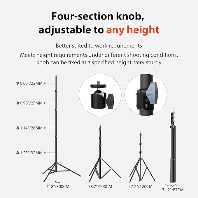 10ft/118 Heavy Duty Photography Light Stand, Tripod with 1/4" Screw | 10ft heavy-duty photography light stand with 1/4" screw, height adjustable stable support for ringlight studio Reflectors - Image 2