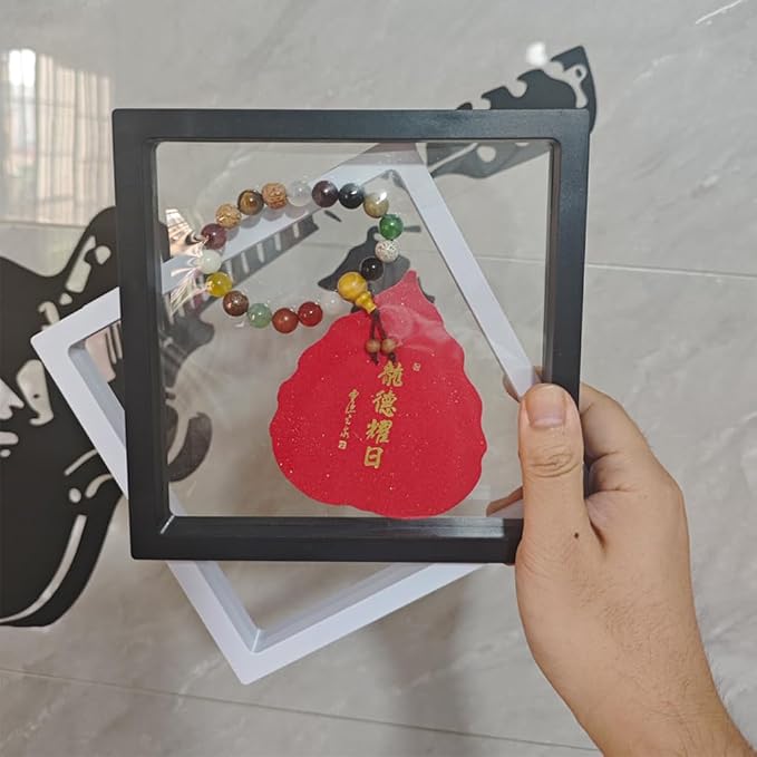 4 Pcs 3D Floating Display Case Frame Display Holder Stands Transparent PE Film Storage Box for Jewelry Challenge Coin Medal Antique 7 x 7 x 0.8 inch Black and White - Image 2