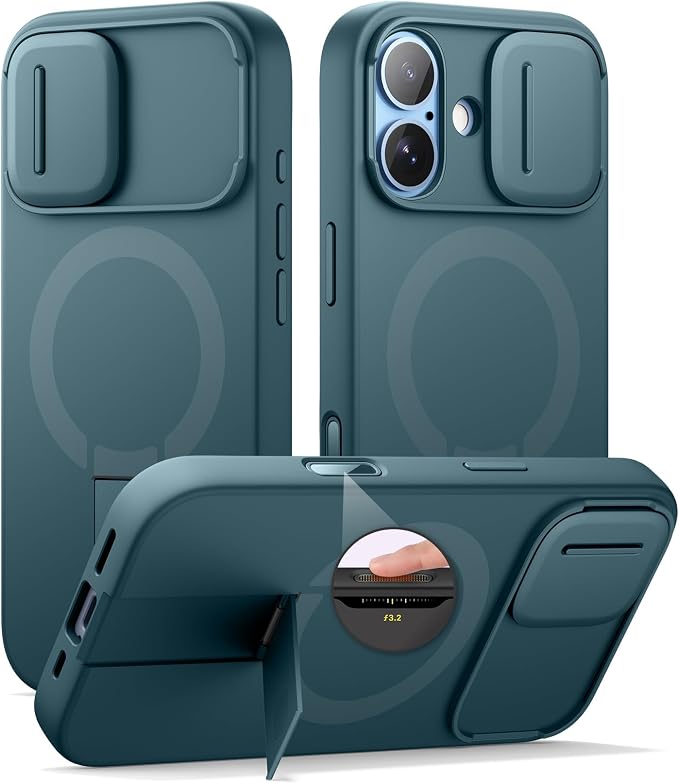 SURITCH for iPhone 17 Case with Camera Control Cover, Camera Slide Cover and Adjustable Kickstand, Compatible with MagSafe, Shockproof Bumper Protective Cases 6.3 Inch, Lake Green by SURITCH