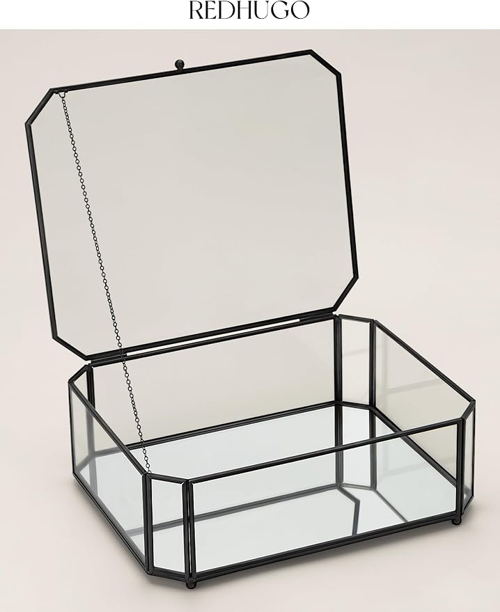 REDHUGO Large Glass Boxes for Display Handmade, Octagon, Black | Handmade Glass Jewelry Box with Mirrored Bottom and Lid, Ideal for Trinkets, Photos, Keepsakes and Vanity Decor - Image 3
