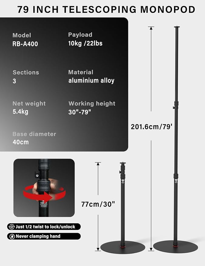 IFOOTAGE A400 Round Base Monopod Stand 79" Aluminum Tripod | Studio Light Stand with Flat Base for DSLR Camera Video Light Live Streaming Vlogging, Payload 10kg/22lb - Image 5
